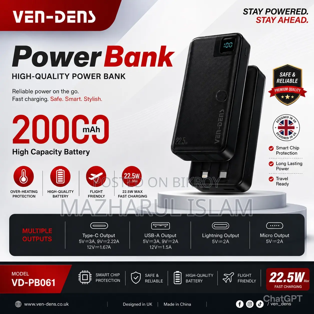 Ven-Dens 20000mAh Fast Charging Power Bank (Vd-Pb061)