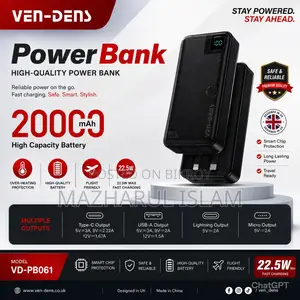 Ven-Dens 20000mAh Fast Charging Power Bank (Vd-Pb061)
