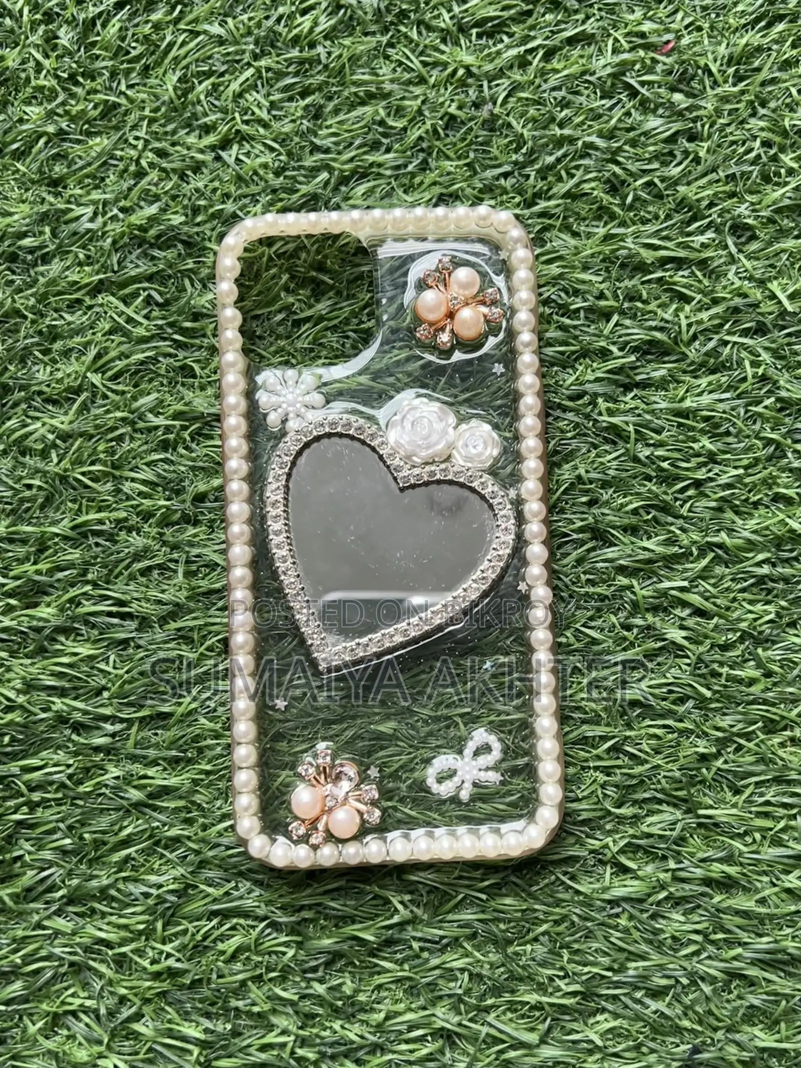 iPhone 14 Phone Case || Luxury Pearl Heart Mirror Phone Case