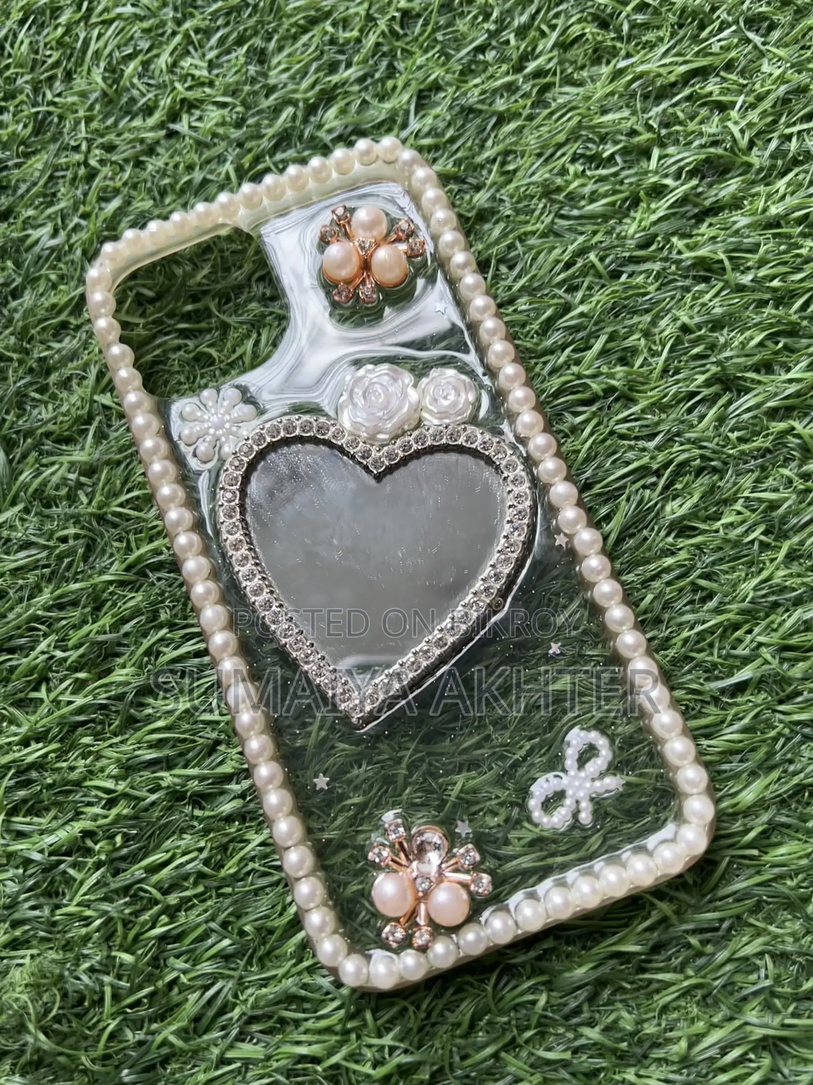 iPhone 14 Phone Case || Luxury Pearl Heart Mirror Phone Case