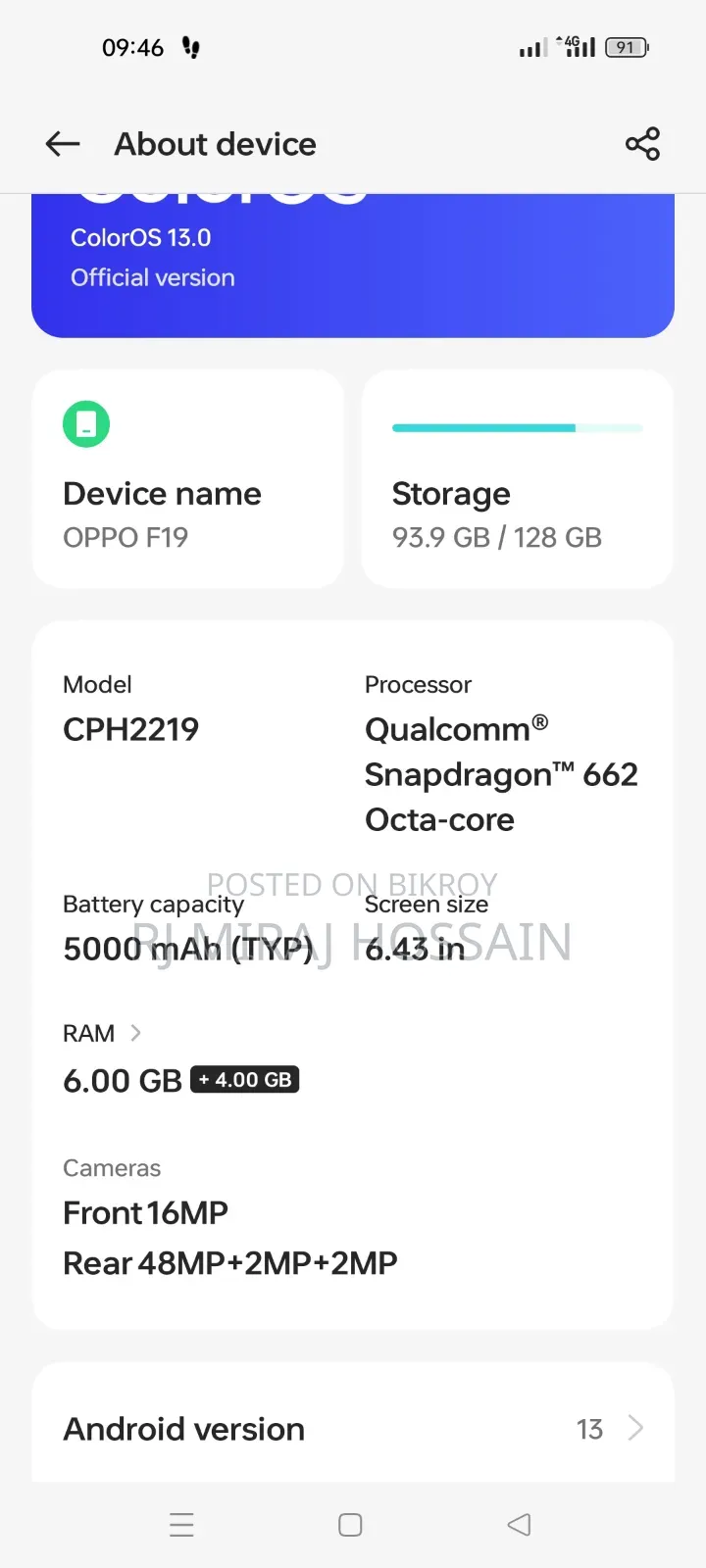Oppo F19S 128 GB Blue