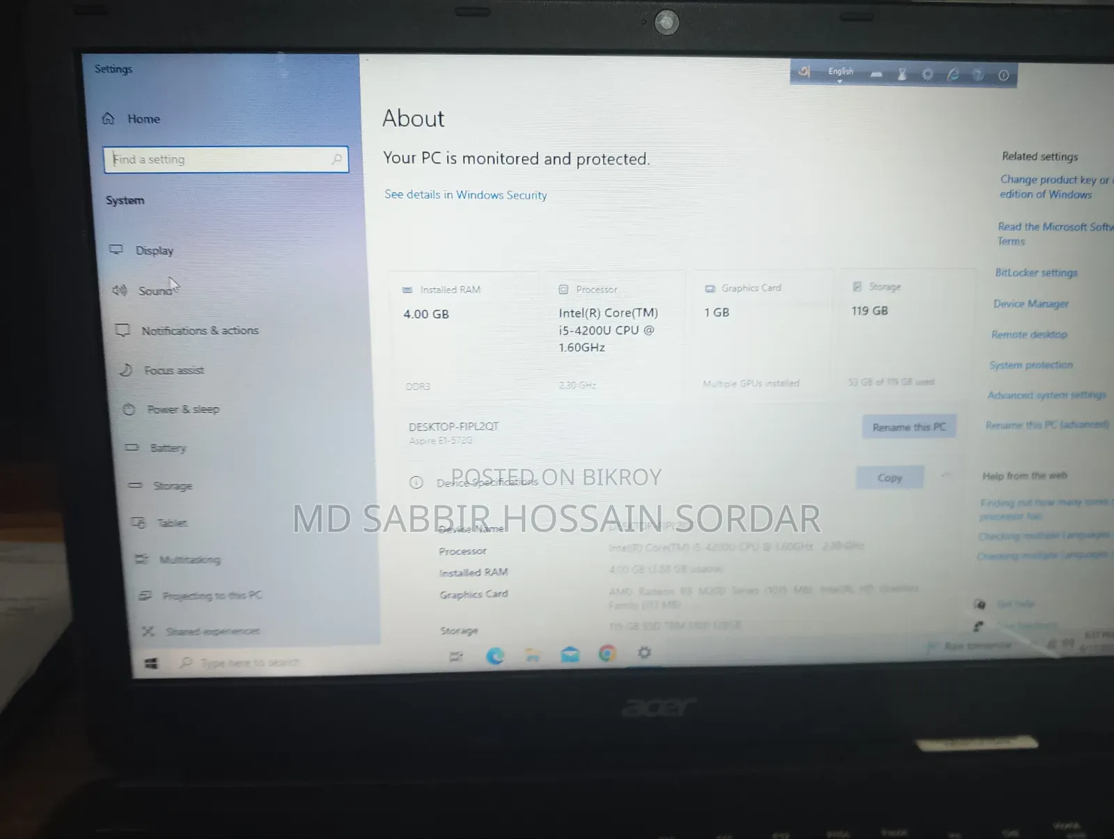 Laptop Acer 4GB Intel Core I5 SSD 128GB