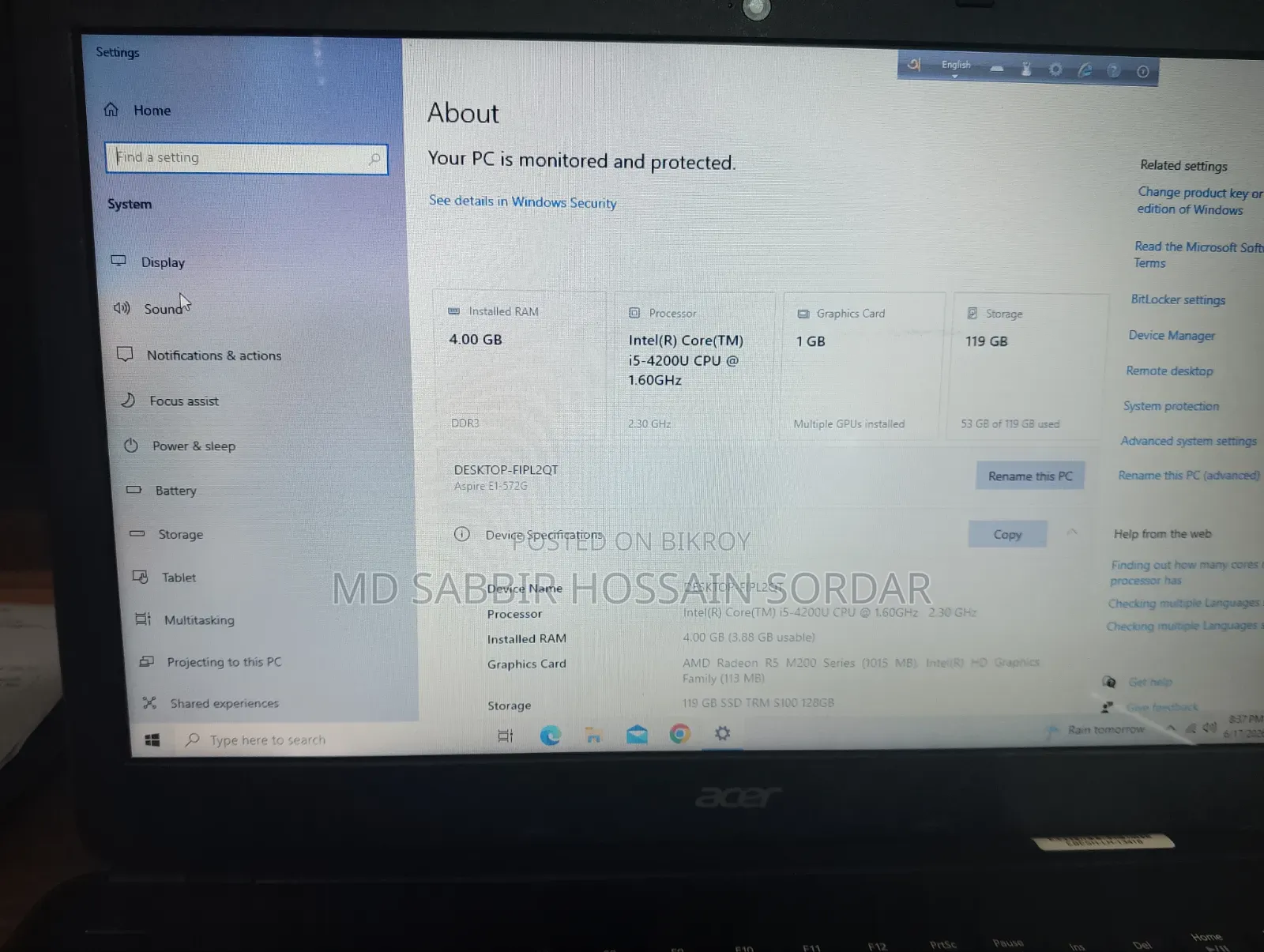 Laptop Acer 4GB Intel Core I5 SSD 128GB