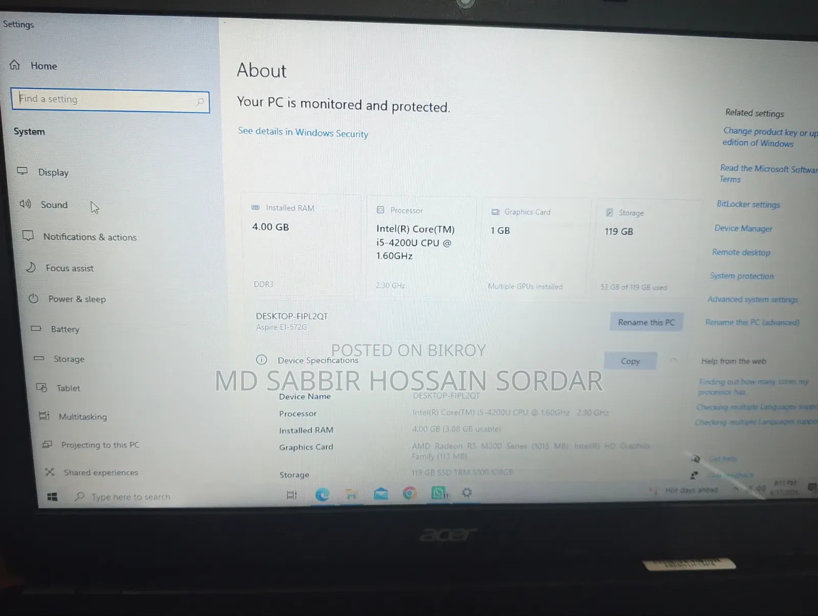 Laptop Acer 4GB Intel Core I5 SSD 128GB