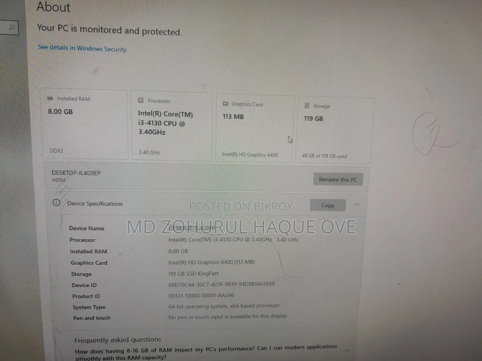 Desktop Computer 8GB Intel Core I3 SSD 128GB