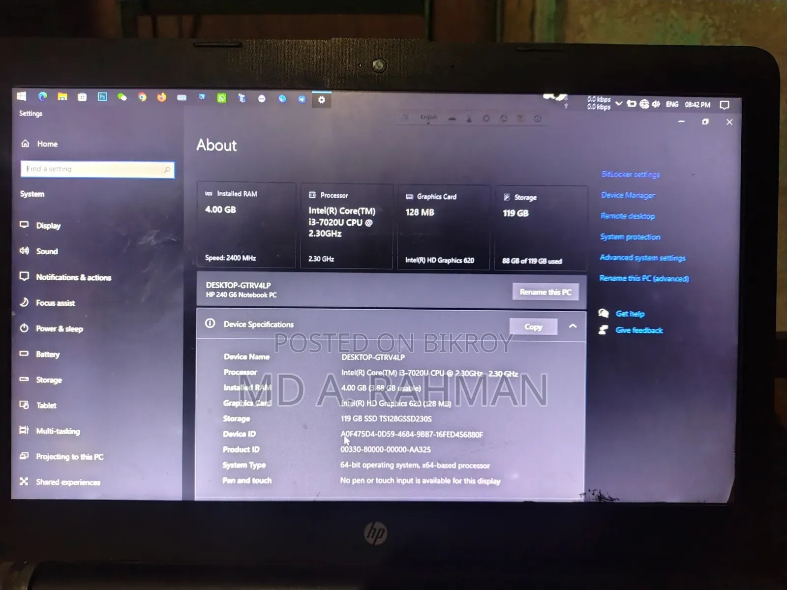 Laptop HP 240 G6 4GB Intel Core 3 SSD 128GB