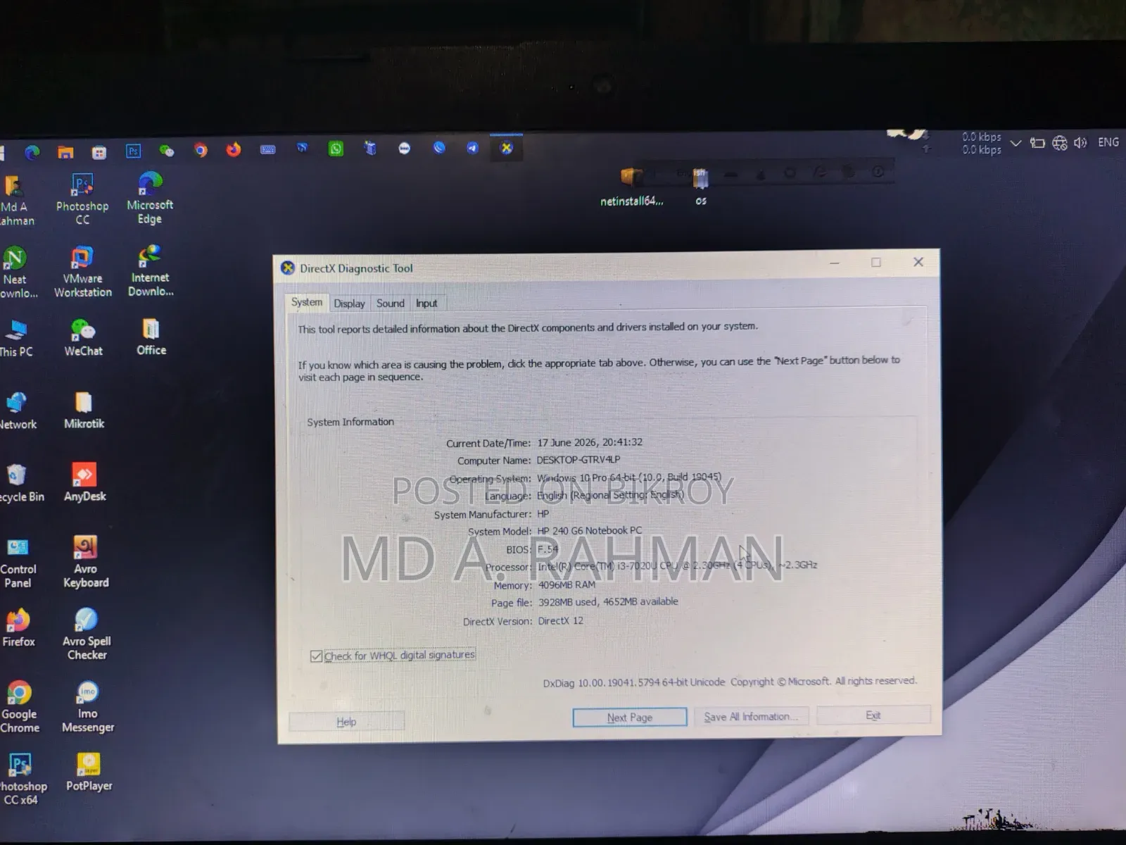 Laptop HP 240 G6 4GB Intel Core 3 SSD 128GB