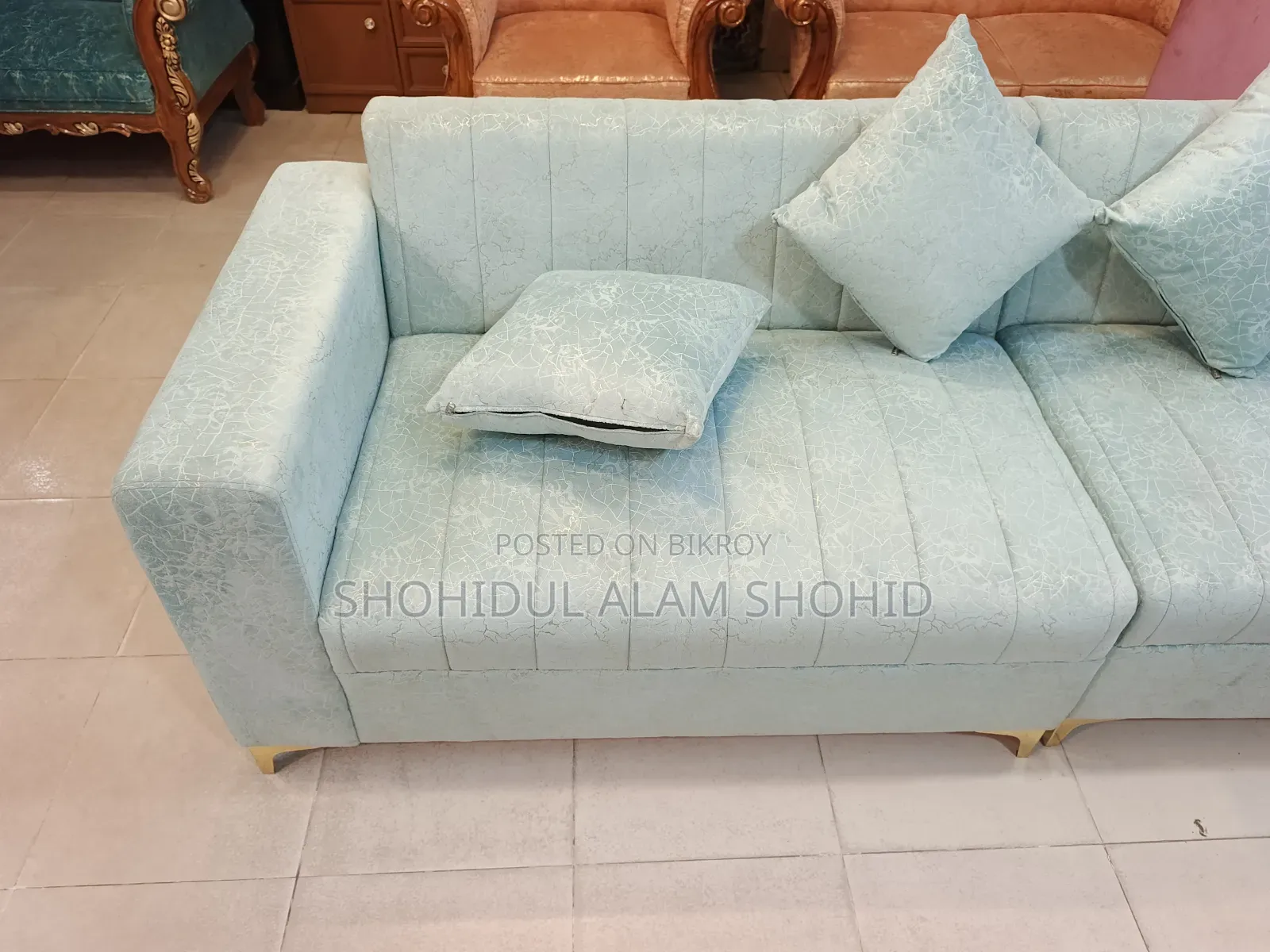 L-Shape Sofa. Made with metal legs. Inside frame made of Gamari wood.