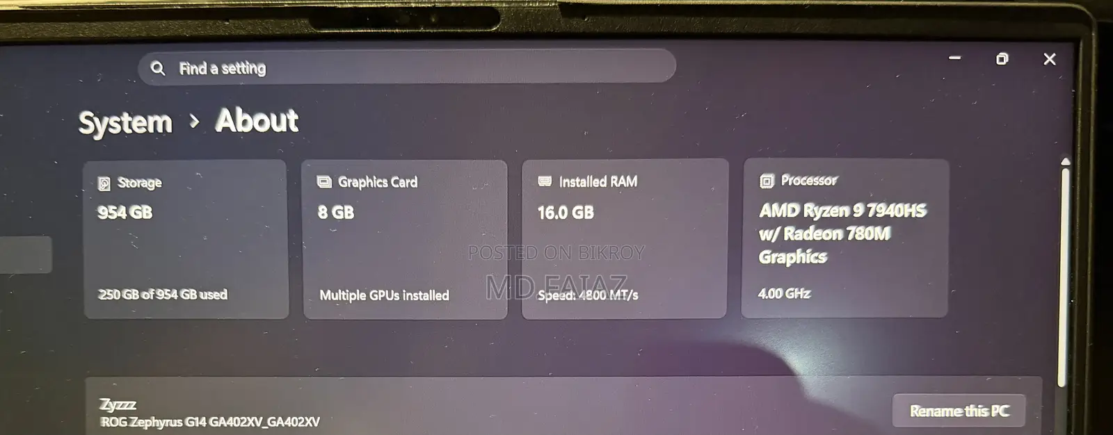 Laptop Asus ROG Zephyrus G14 16GB AMD Ryzen 9 SSD 1T