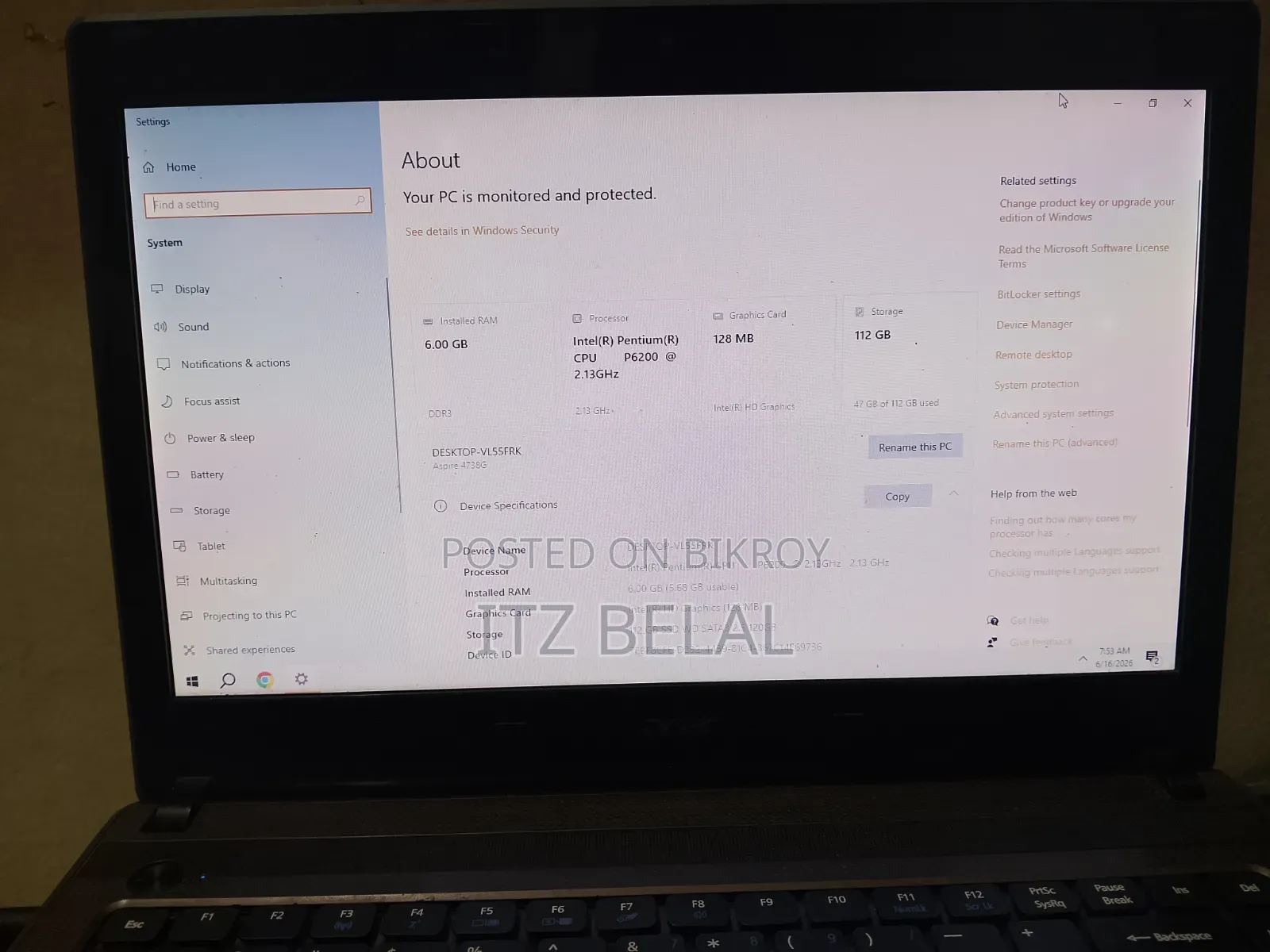 ল্যাপটপ Acer Aspire 4738 ৬জিবি ইন্টেল পেন্টিয়াম এসএসডি ১২৮জিবি