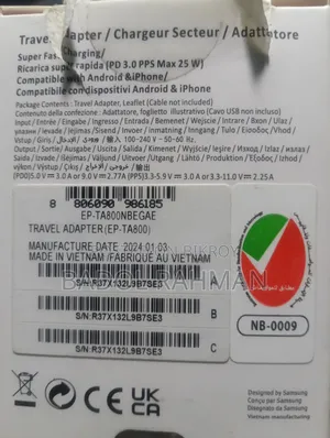Original Samsung Adapter 25w Super Fast Charger. Vietnam Manufacturing