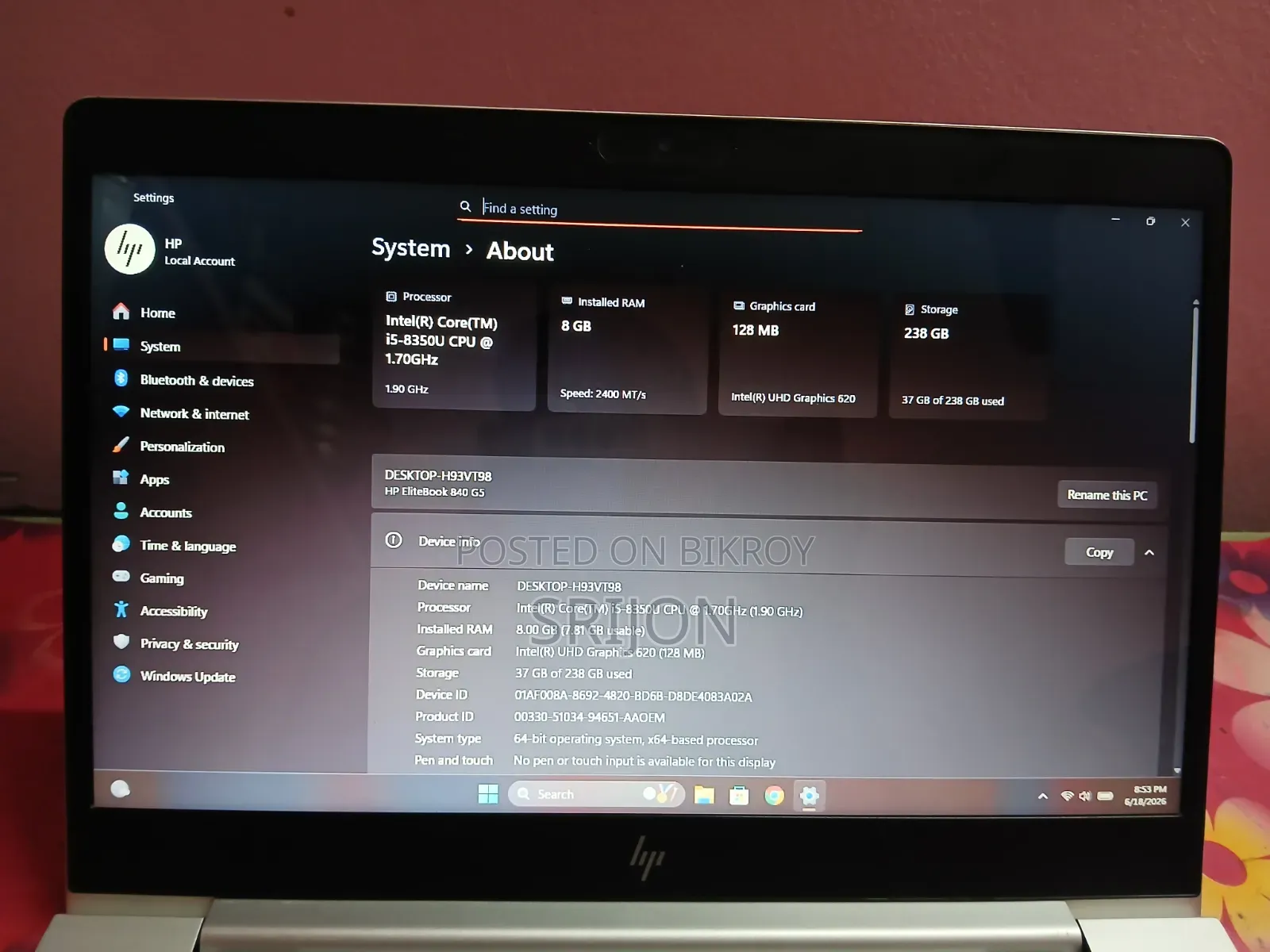 Laptop HP EliteBook 840 G5 8GB Intel Core I5 SSD 256GB