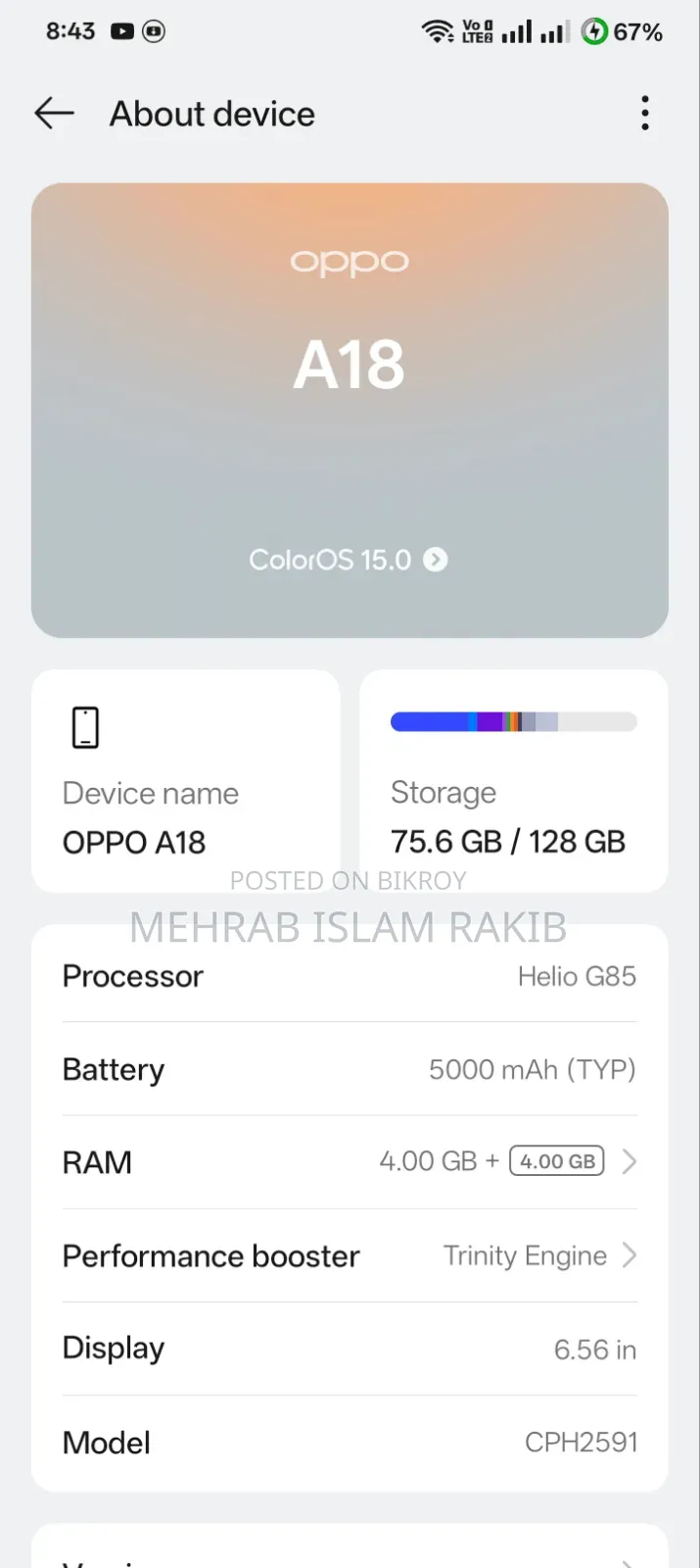 Oppo A18 128 GB Black