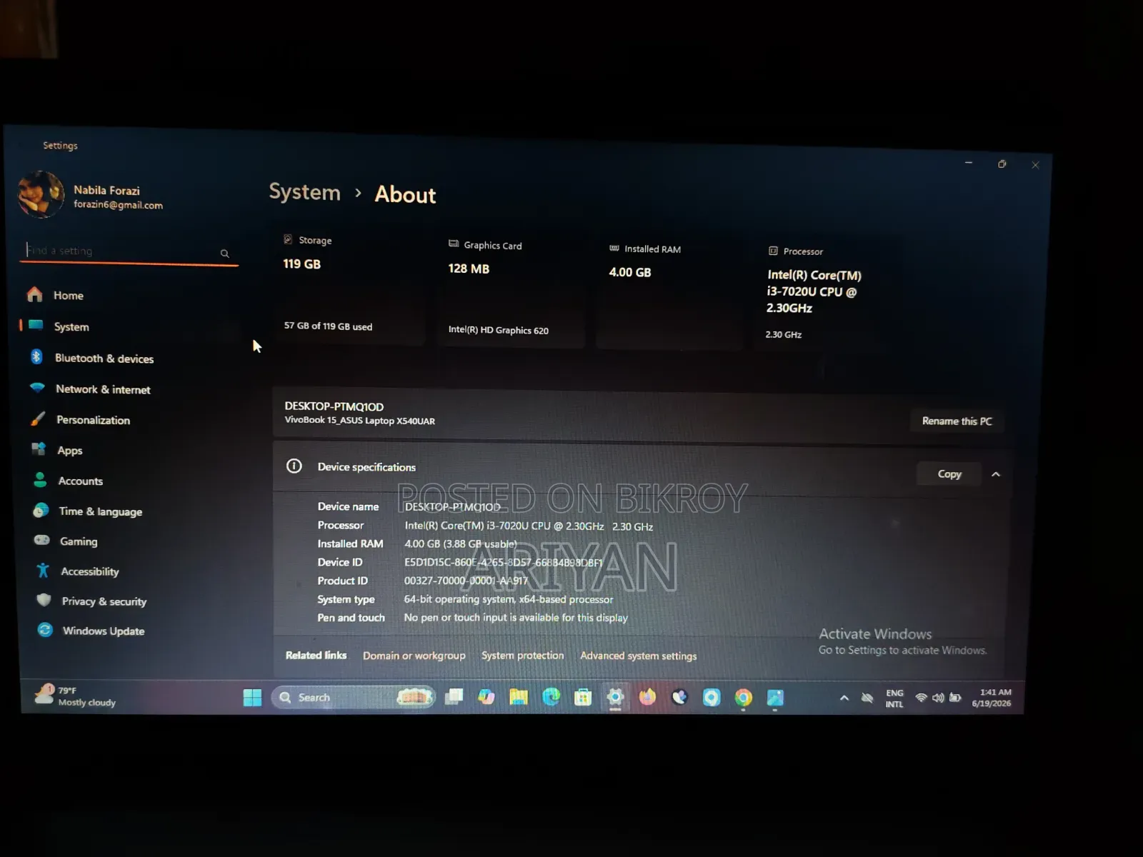 Laptop Asus VivoBook X540SA 4GB Intel Core i3 SSD 128GB