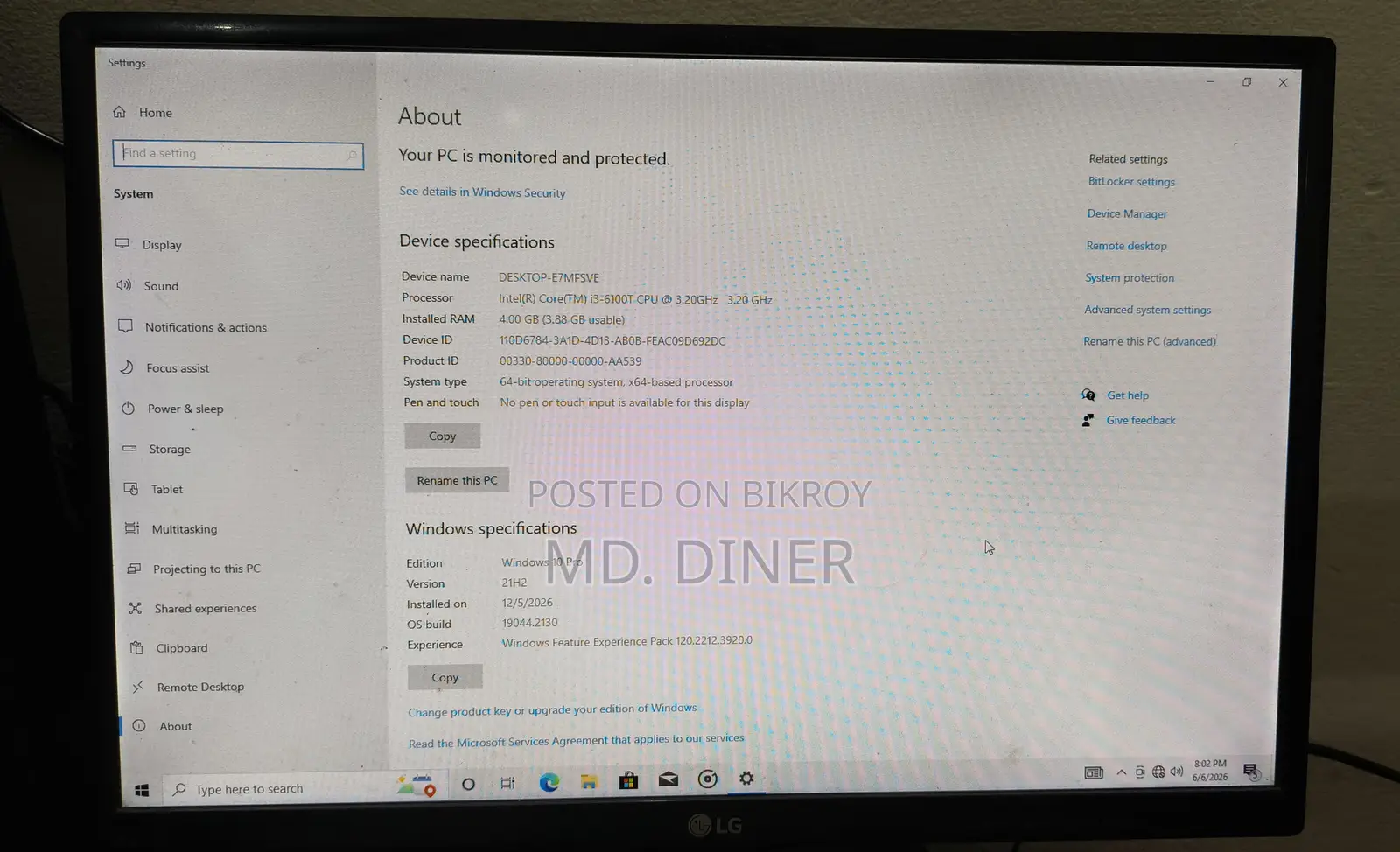 Desktop Computer 4GB Intel Core I3 SSD 128GB