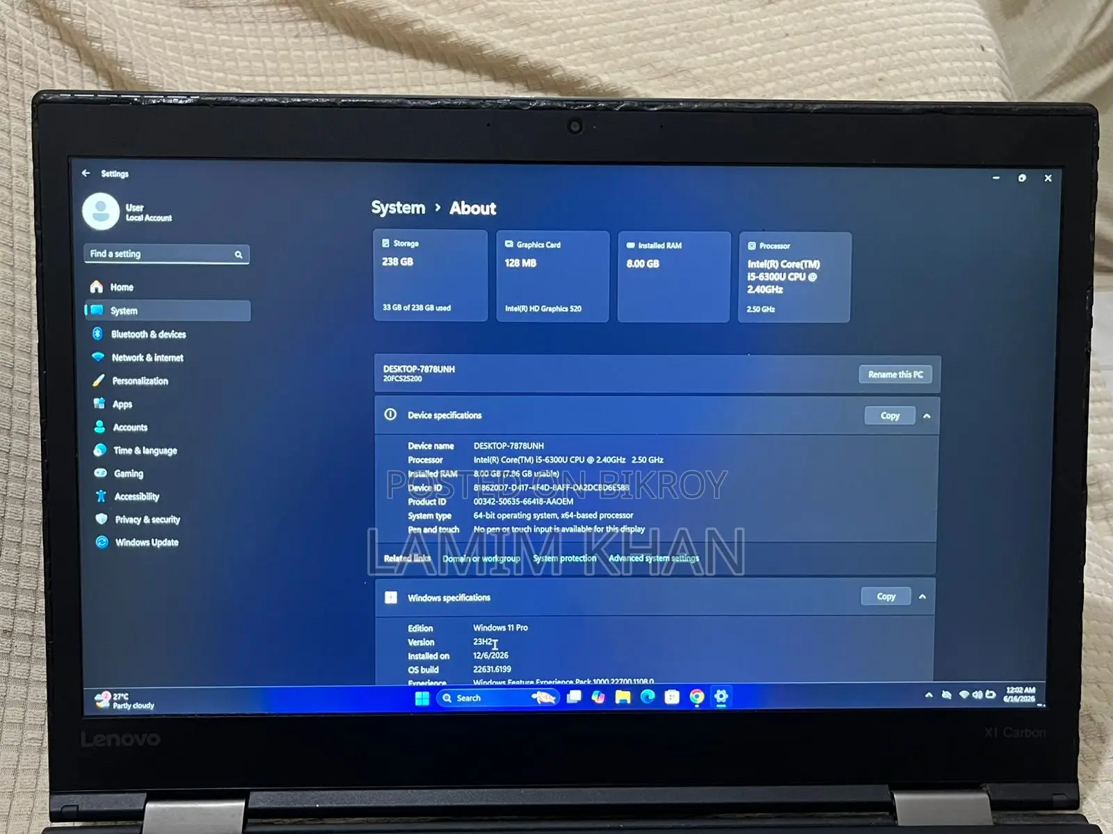 Laptop Lenovo ThinkPad X1 Carbon 8GB Intel Core I5 SSD 256GB