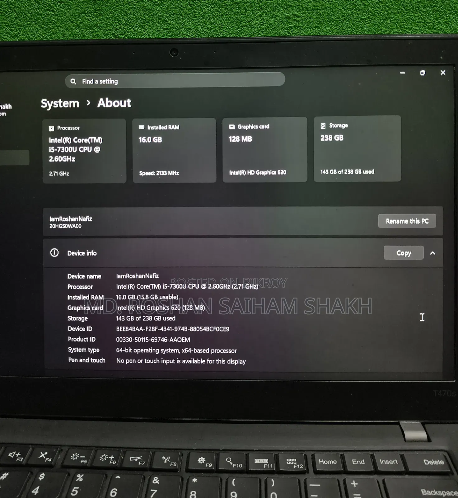 Laptop Lenovo ThinkPad T470s 16GB Intel Core I5 SSD 256GB