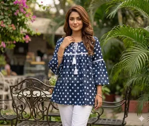 Aarong Navy Blue Mixed Cotton One Piece Top With White Polka Dot Print