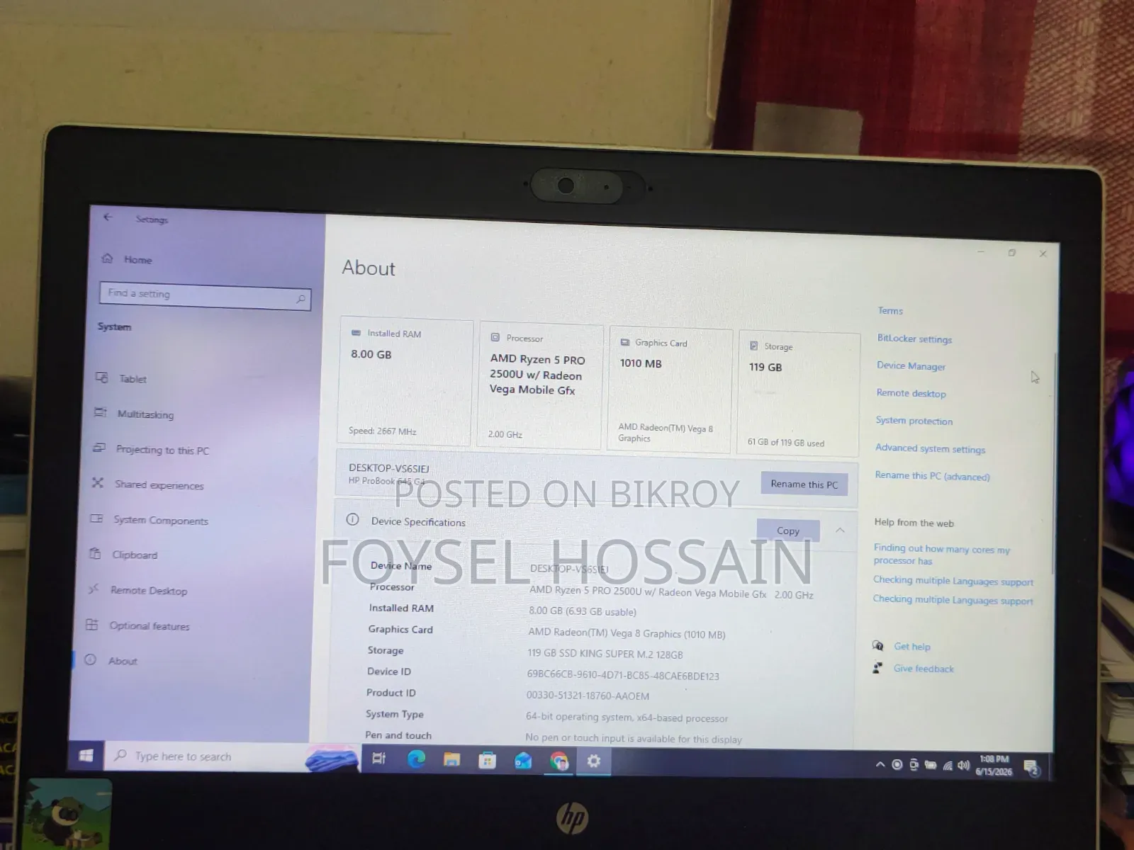 Laptop HP ProBook 640 G4 8GB AMD Ryzen 5 SSD 128GB