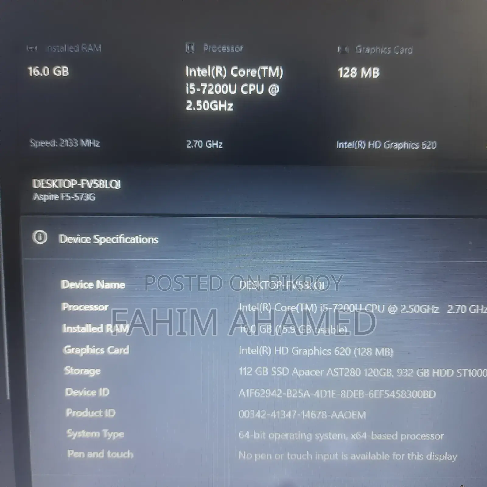 Laptop Acer 16GB Intel Core I5 SSD 128GB