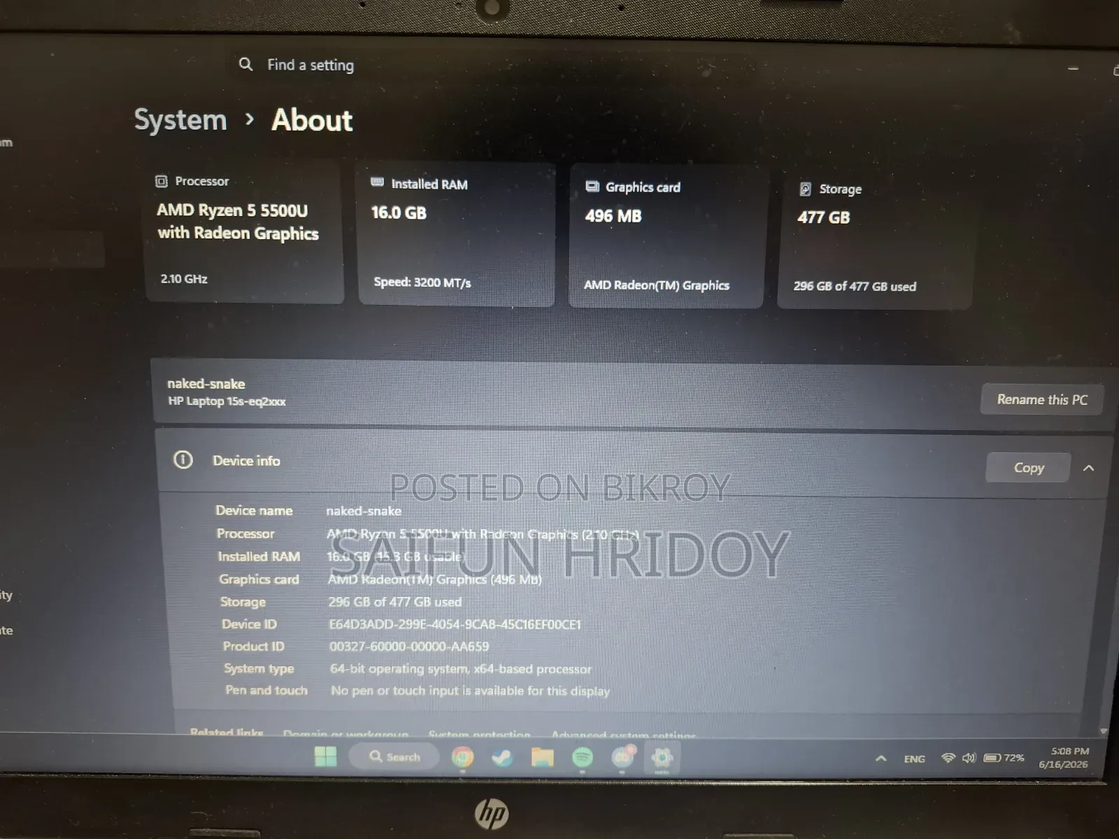 Laptop HP 15s 16GB AMD Ryzen 5 SSD 512GB