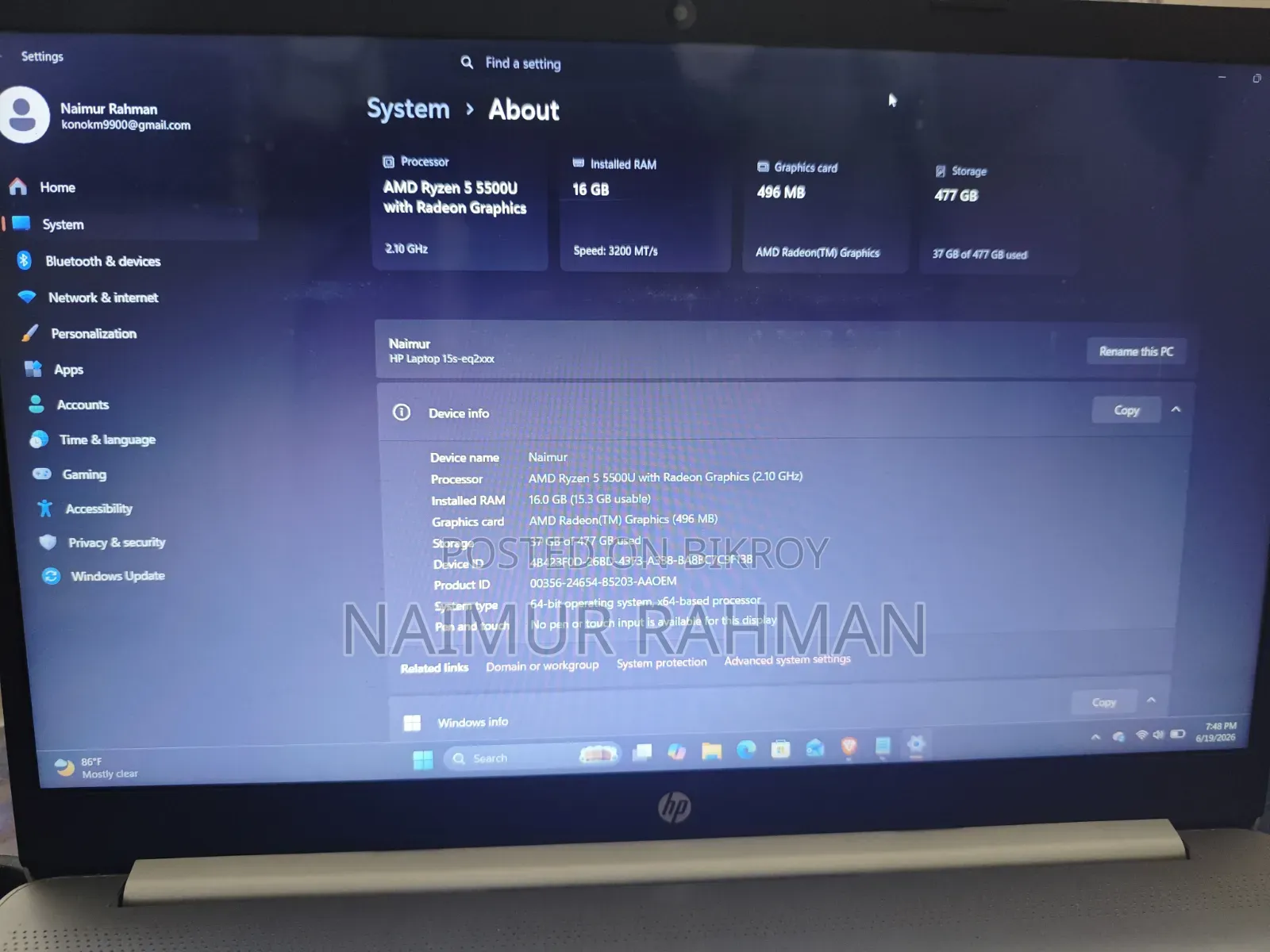 Laptop HP 15s 16GB AMD Ryzen 5 SSD 500GB