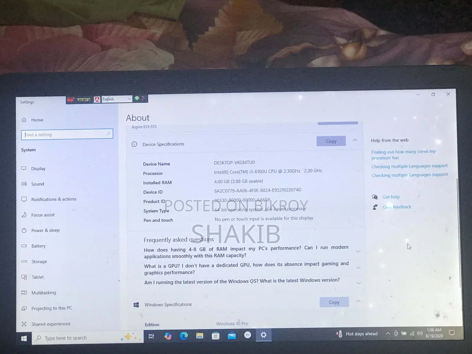 Laptop Acer Aspire ES1-572 4GB Intel Core i3 HDD 1TB