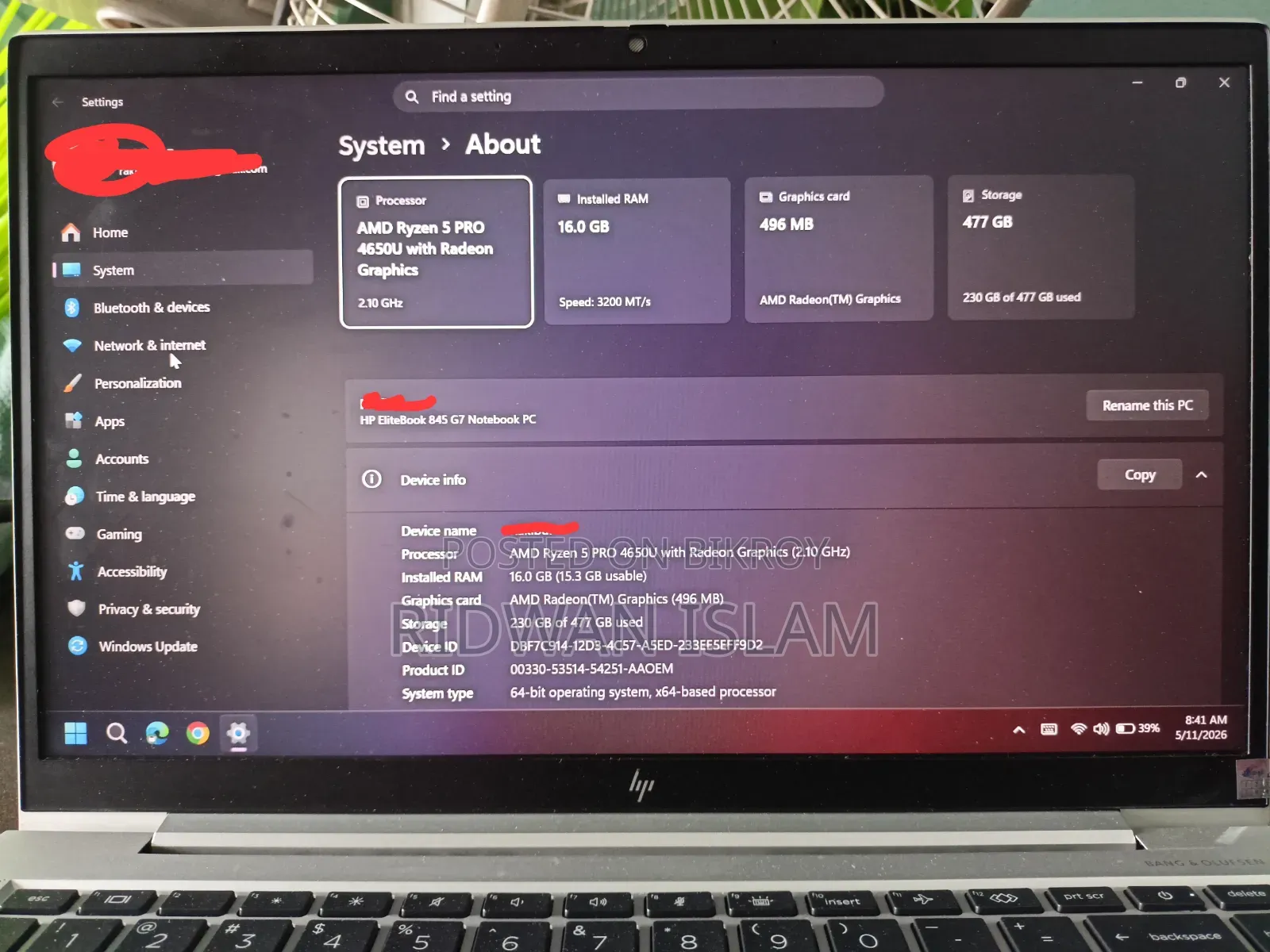 Laptop HP EliteBook 845 G7 16GB AMD Ryzen 5 SSD 512GB