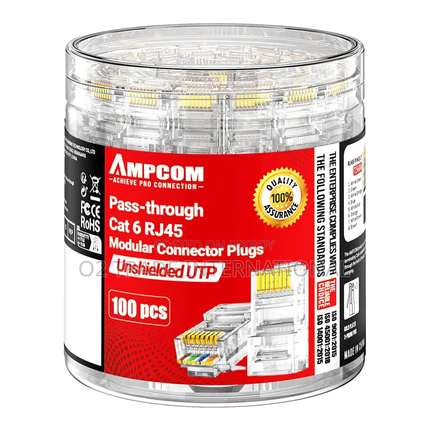 Ampcom RJ45 Pass-Through Cat6 Connector | 23-26 AWG | Gold Plated Pins