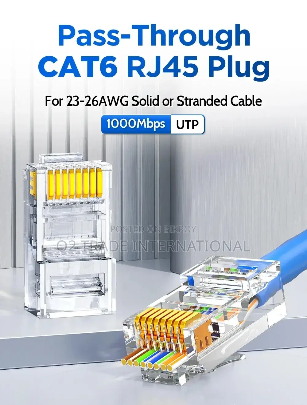 Ampcom RJ45 Pass-Through Cat6 Connector | 23-26 AWG | Gold Plated Pins