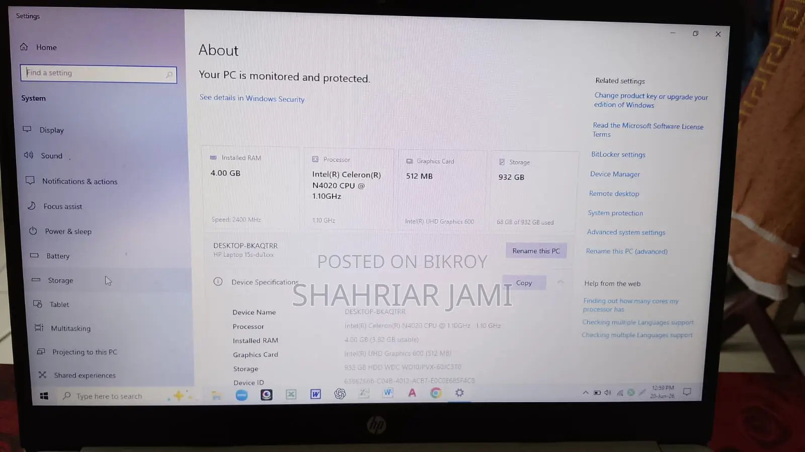 Laptop HP 15s 4GB Intel Celeron HDD 1TB