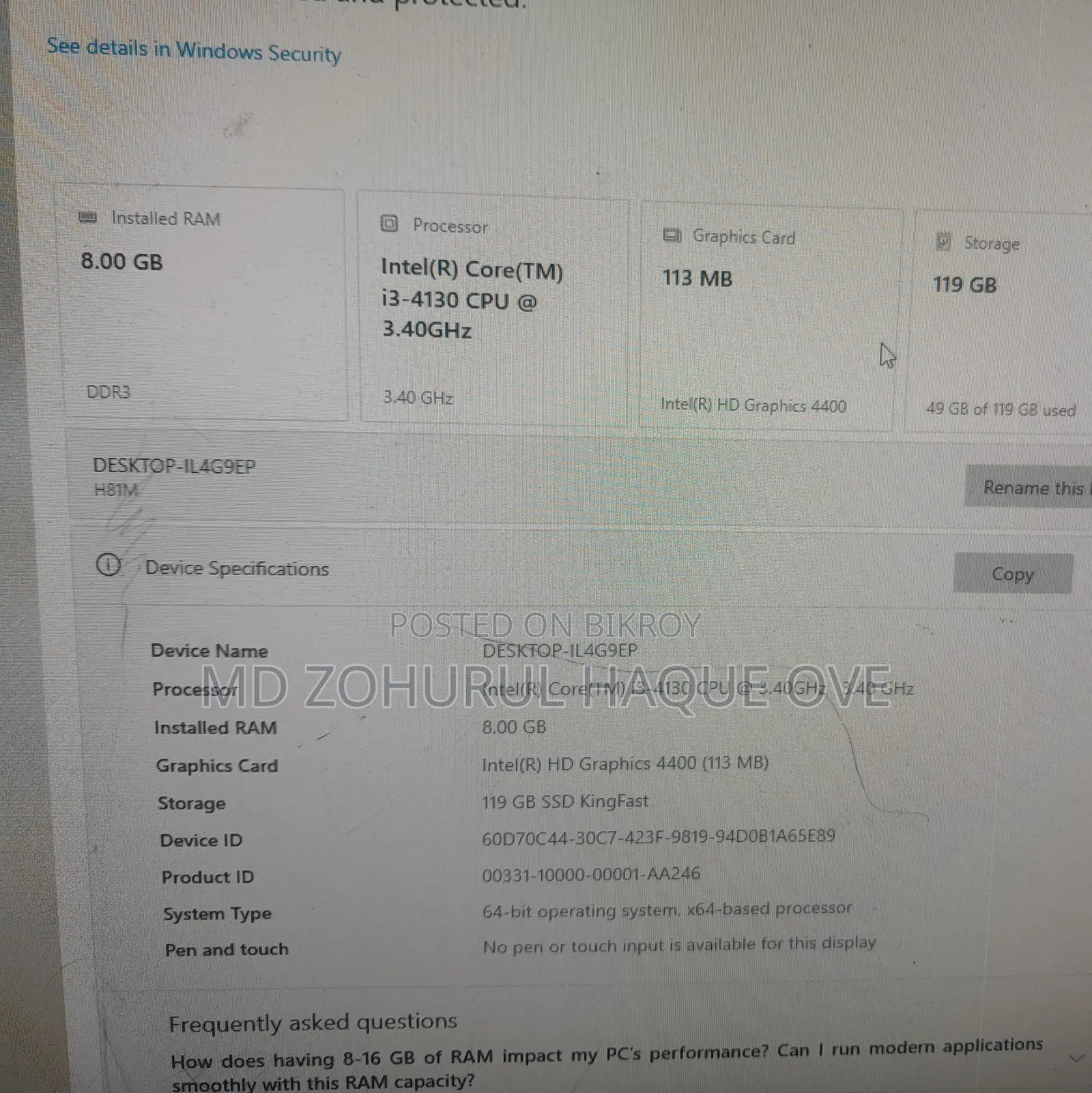 Desktop Computer 8GB Intel Core I3 SSD 128GB