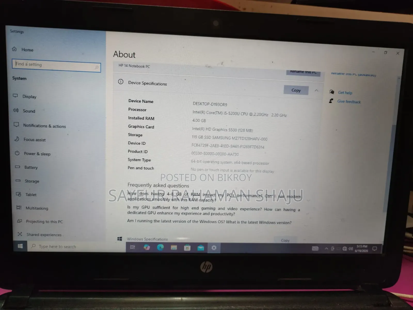 Laptop HP 14-dq1025cl 4GB Intel Core i5 SSD 140GB
