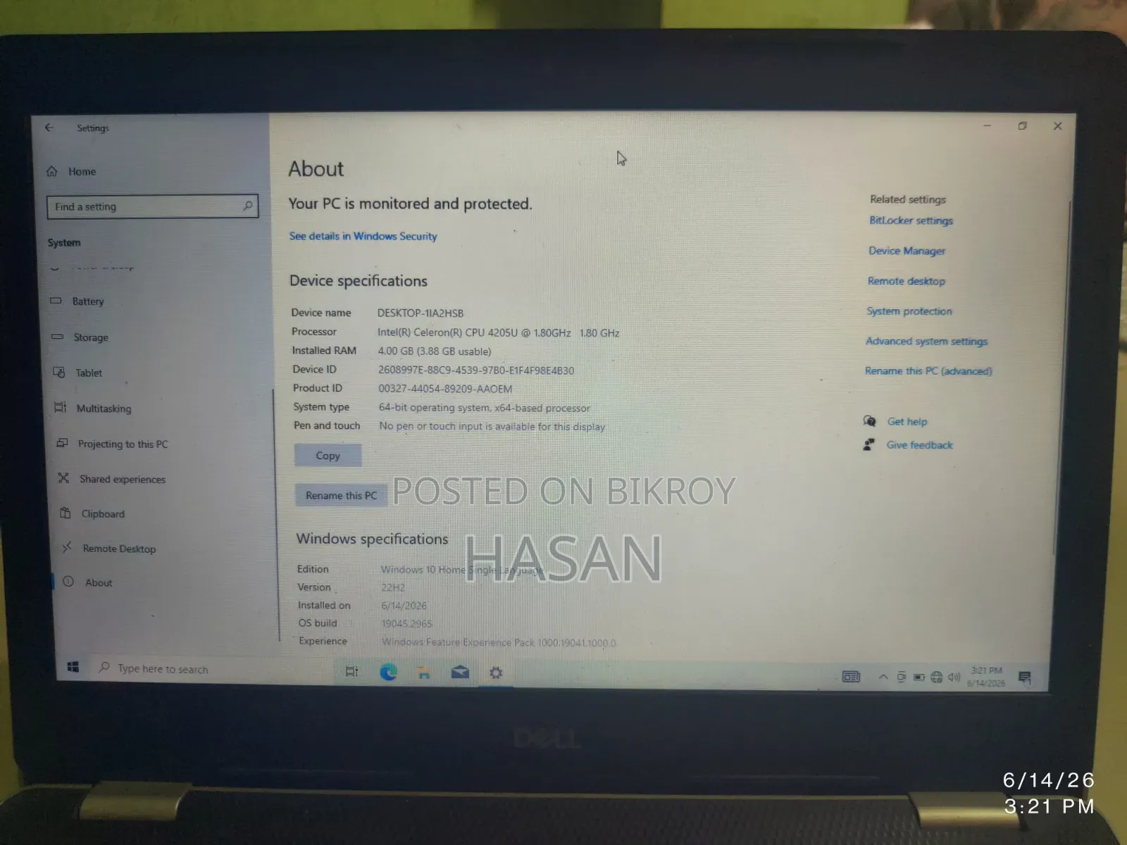 Laptop Dell Inspiron 15 4GB Intel Celeron SSD 256GB