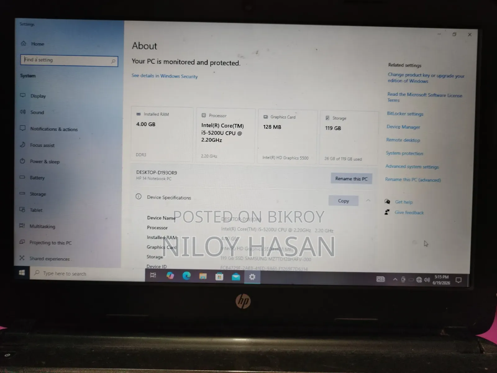 Laptop HP 14S 4GB Intel Core I5 SSD 500GB