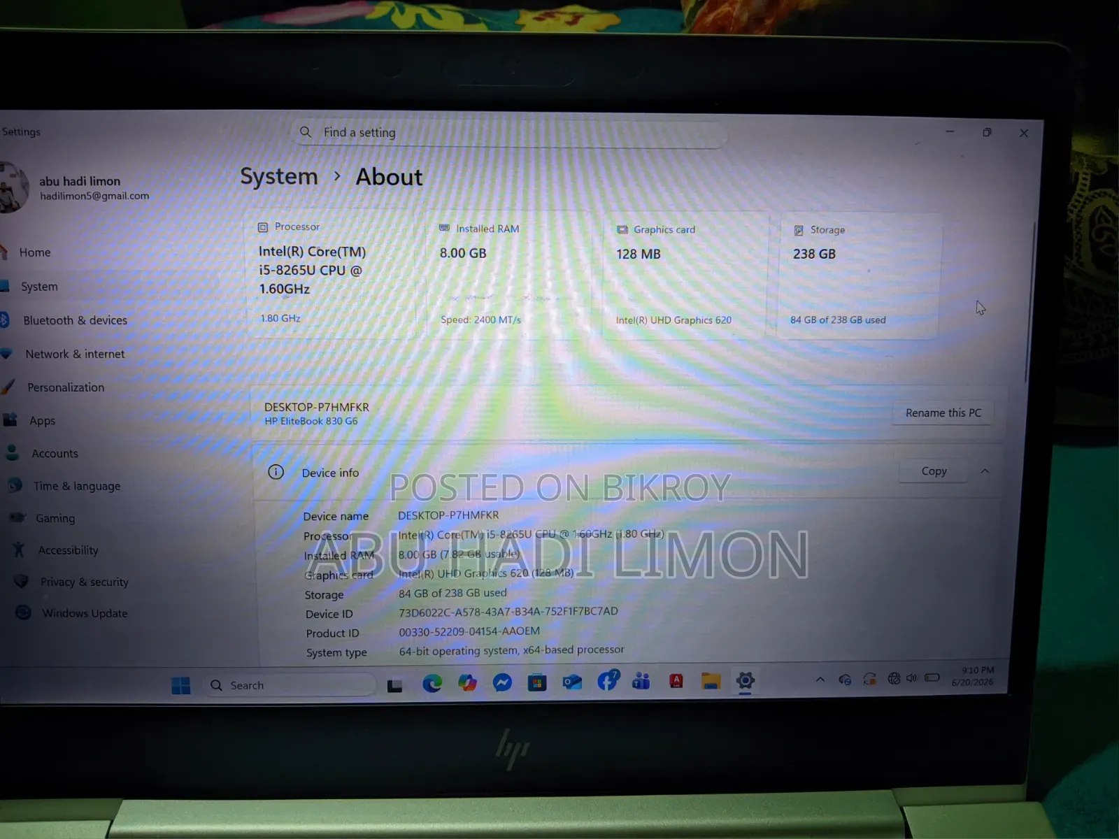 Laptop HP EliteBook 830 G6 8GB Intel Core I5 SSD 256GB