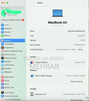 Laptop Apple MacBook Air 2025 M4 16GB Apple M4 SSD 256GB