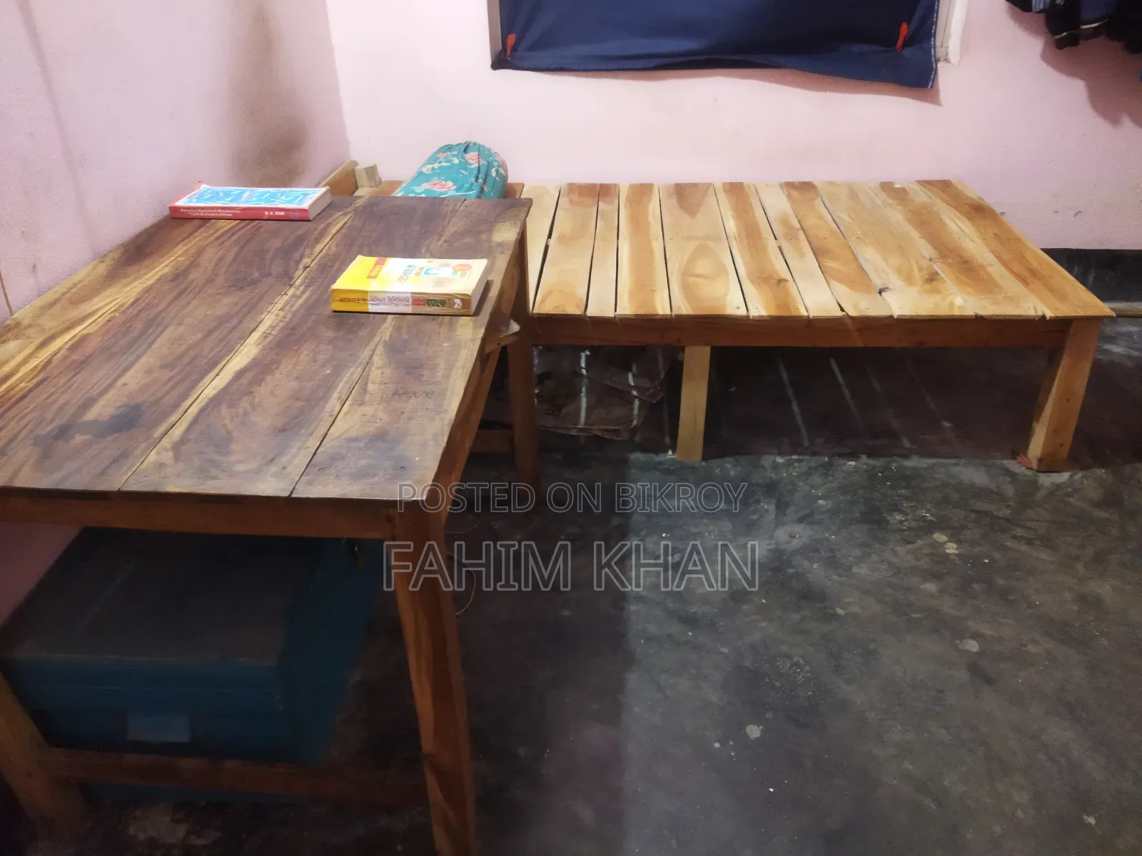 Large table, chair, large bed/cot
