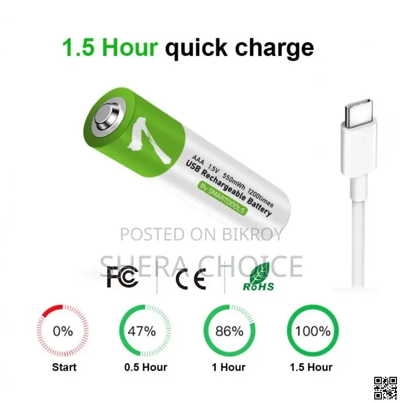 Rechargeable Li-ion AAA Via USB Type C Battery 1.5V (2 Pcs Set)