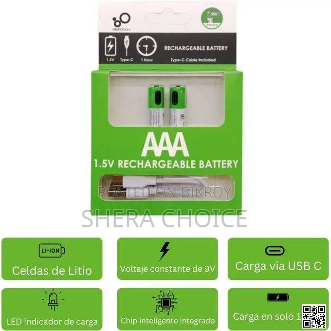 Rechargeable Li-ion AAA Via USB Type C Battery 1.5V (2 Pcs Set)