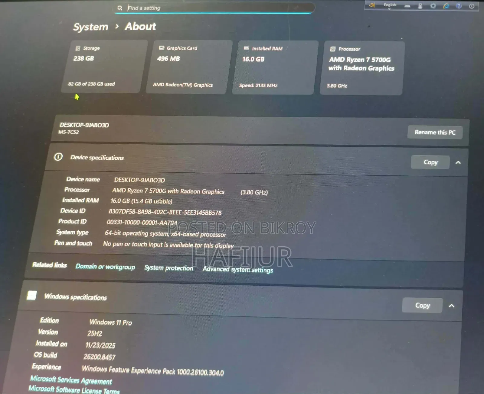 Desktop Computer 16GB AMD Ryzen 7 SSD 256GB