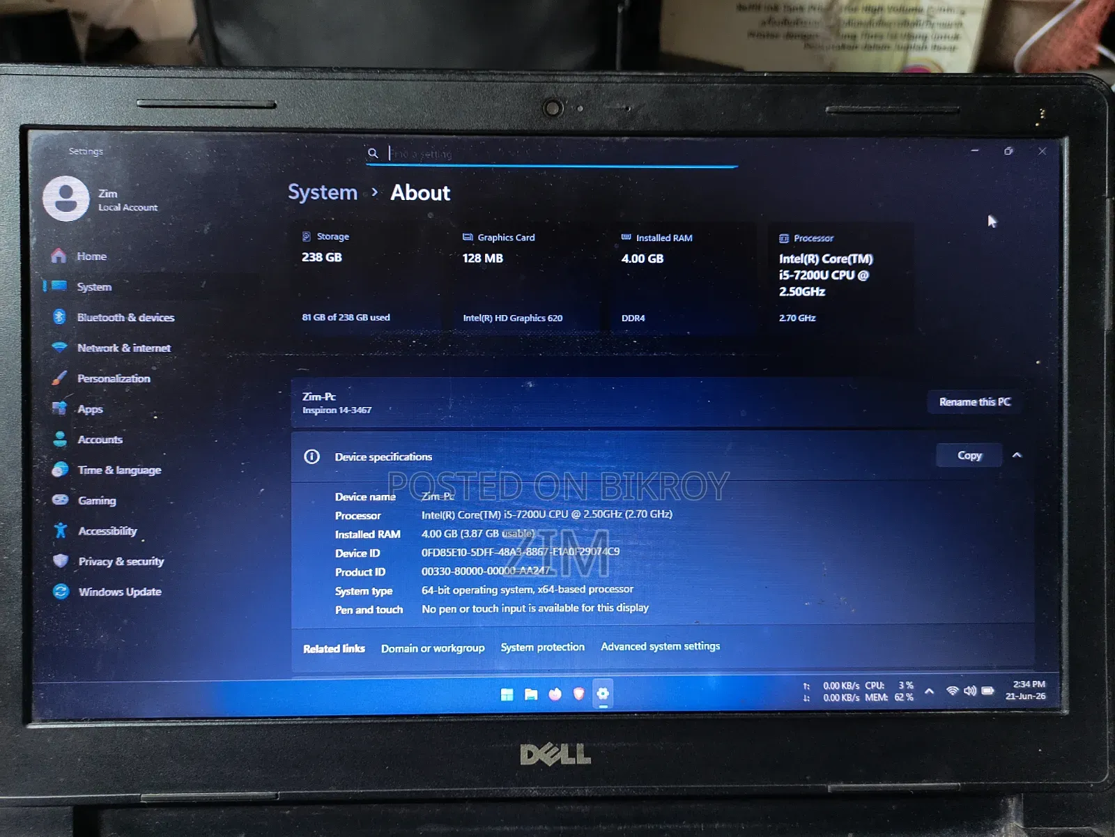 Laptop Dell Inspiron 14 3452 4GB Intel Core I5 SSD 250GB