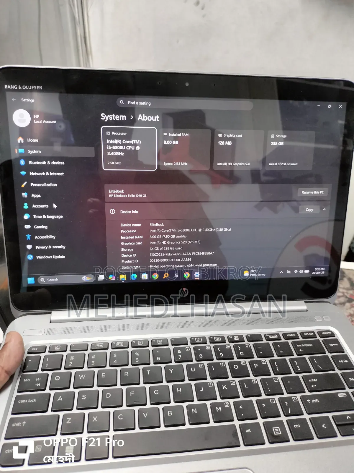 Laptop HP EliteBook 1040 G3 8GB Intel Core I5 SSHD (Hybrid) 256GB
