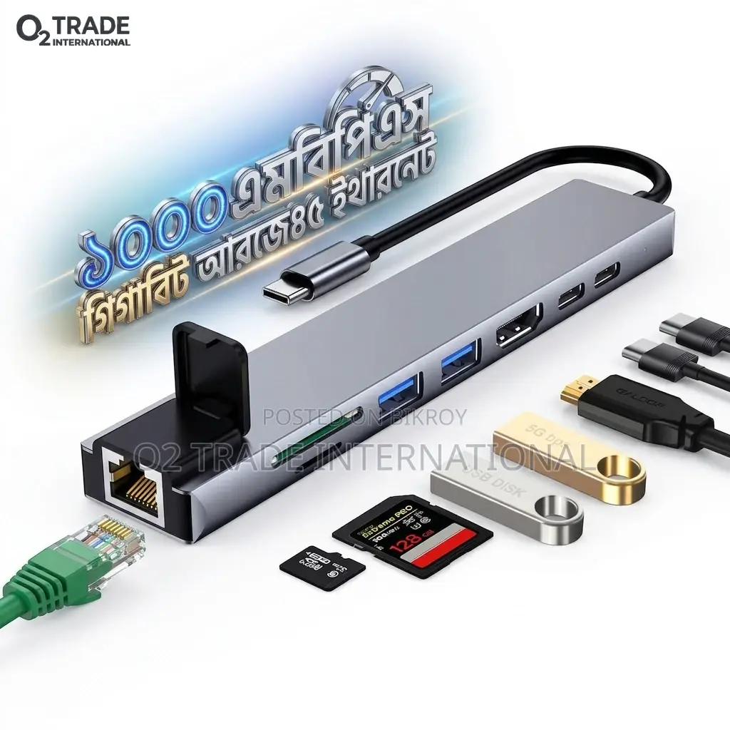 8-in-1 Gigabit RJ45 Type-C Hub with HDMI, 87W PD, USB 3.0, SD/TF