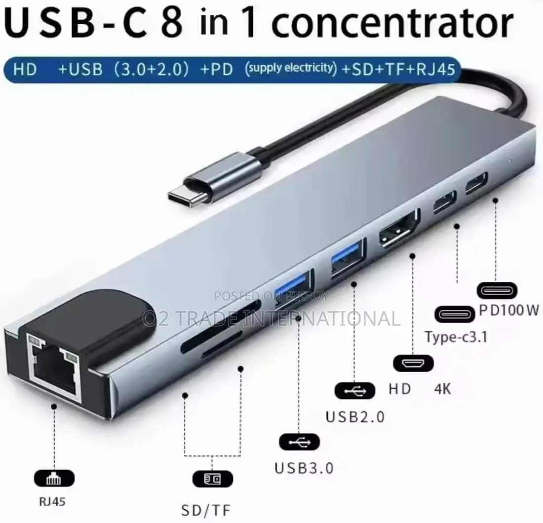 Usb C Hub 8in1 Docking Station Hdmi, Rj45 Ethernet, Usb 3.0, Sd/Tf