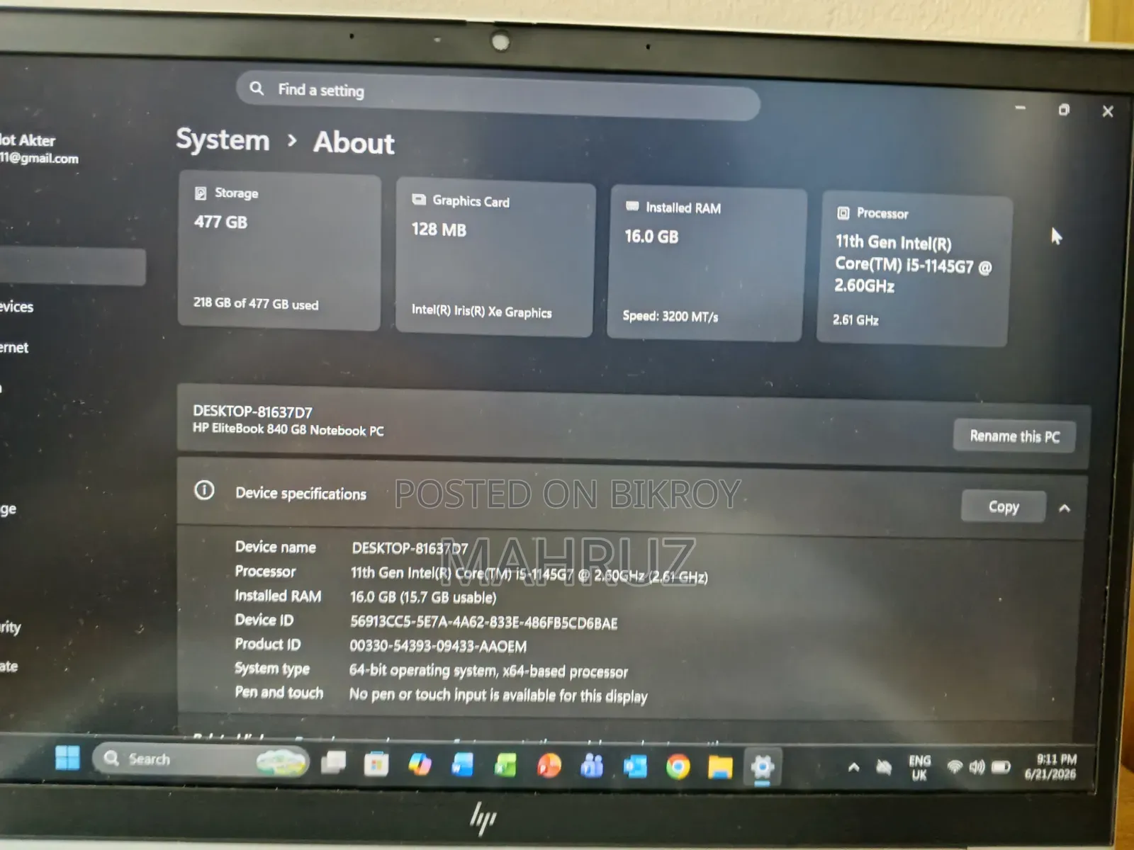 Laptop HP EliteBook 840 G8 16GB Intel Core I5 SSD 500GB