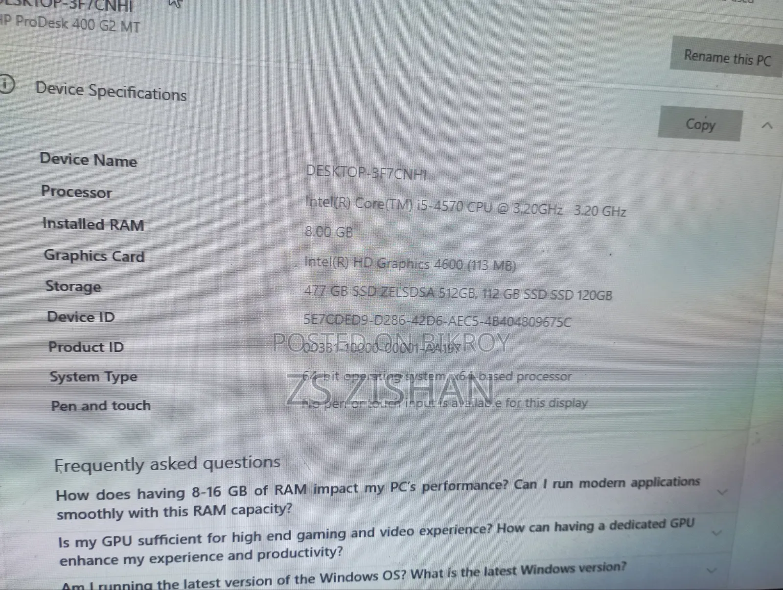 Desktop Computer HP 290 G4 All-in-One 8GB Intel Core I5 SSD 640GB