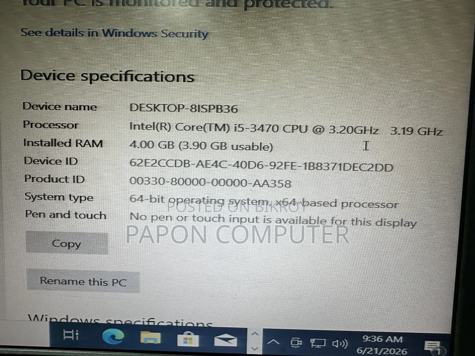 Desktop Computer 4GB Intel Core I5 SSD 128GB