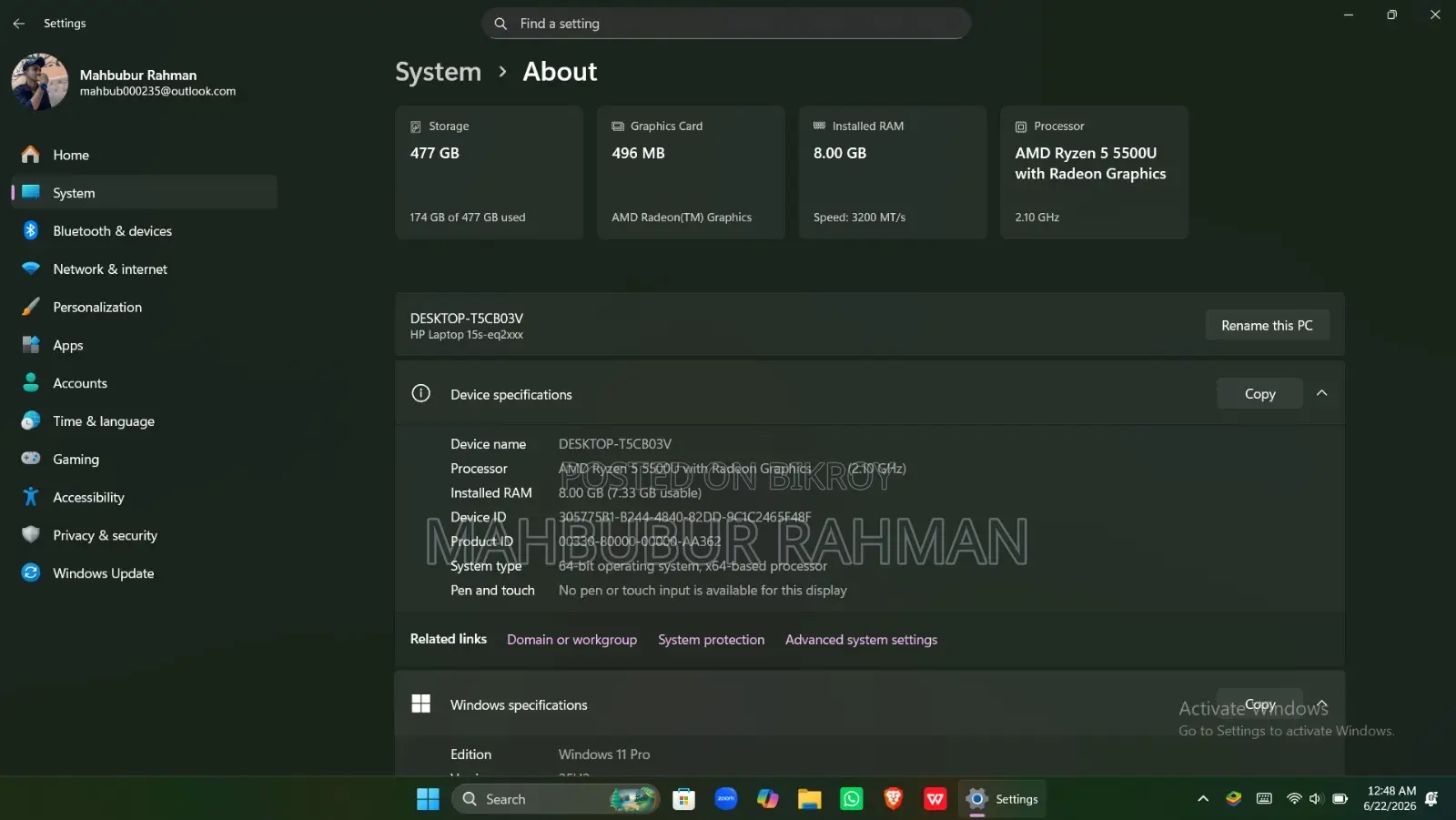 Laptop HP 550 8GB AMD Ryzen SSD 500GB