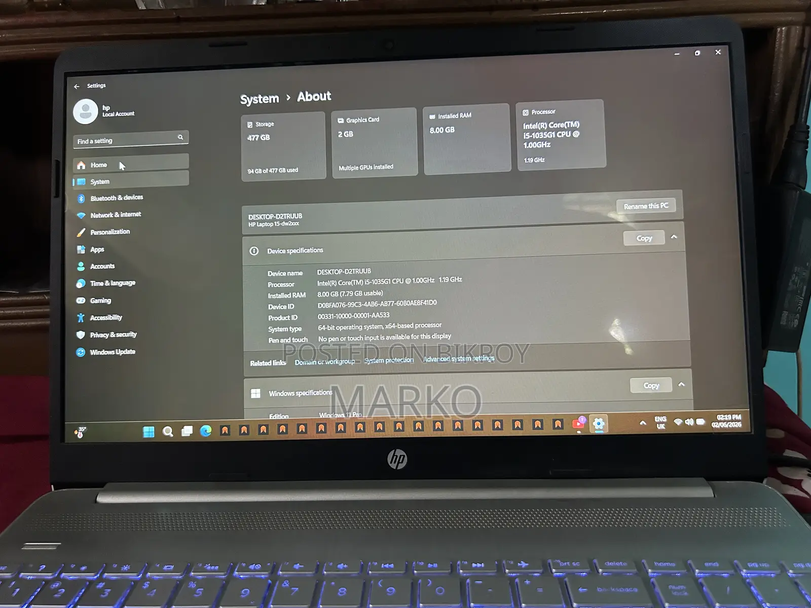 Laptop HP 15-Dw3031 8GB Intel Core I5 SSD 512GB